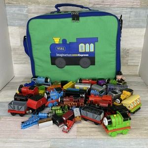 Toy Train Lot Thomas Chuggington 42 Pieces and Carrying Case Wood and Metal